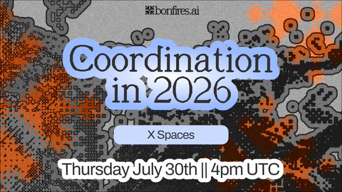 A promotional graphic for a 'Coordination in 2026' X Spaces event hosted by bonfires.ai, scheduled for Thursday July 30th at 4pm UTC, featuring an orange and gray abstract background.