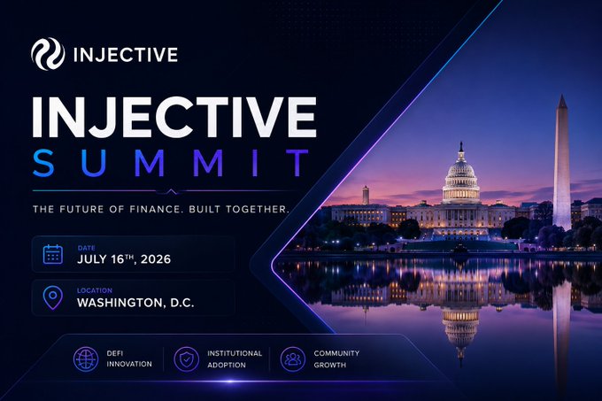 A promotional graphic for the **Injective Summit**, scheduled for **July 16th, 2026, in Washington, D.C.**, featuring the U.S. Capitol at dusk and highlighting the themes "DeFi Innovation," "Institutional Adoption," and "Community Growth" under the tagline "The Future of Finance. Built Together."

The image visually reinforces the post's excitement by showcasing the event's official branding and its key institutional focus in the heart of the U.S. capital, aligning with the speaker's anticipation of seeing major crypto firms like Galaxy, Robinhood, Circle, Grayscale, and Invesco gather with regulators.