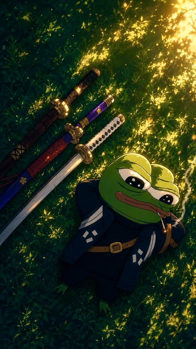 An anime-style character resembling a frog wearing a dark coat with geometric patterns, lying on grass while smoking, with three Japanese swords resting beside them.