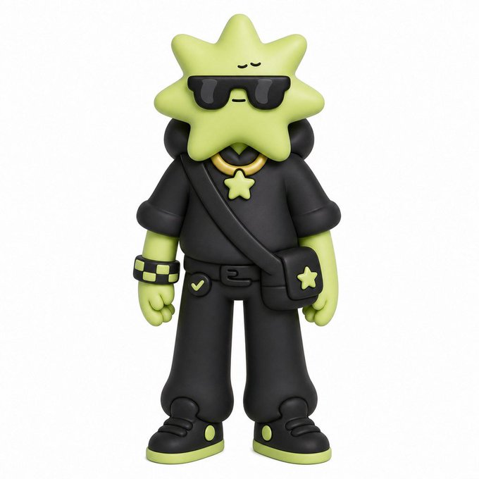 3D-rendered character design of a figure with a yellow star-shaped head wearing black sunglasses, dressed in a black outfit with a cross-body bag, wristband, and sneakers.