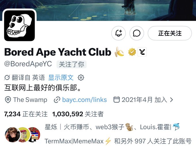 The image shows a social media post from the Bored Ape Yacht Club. It features a picture of a boat with a skull on its side, accompanied by text that reads "Gm, Bored Ape Yacht Club". The post also includes a link to the club's website and mentions the terms "TermMax Meme Max" in the image description.