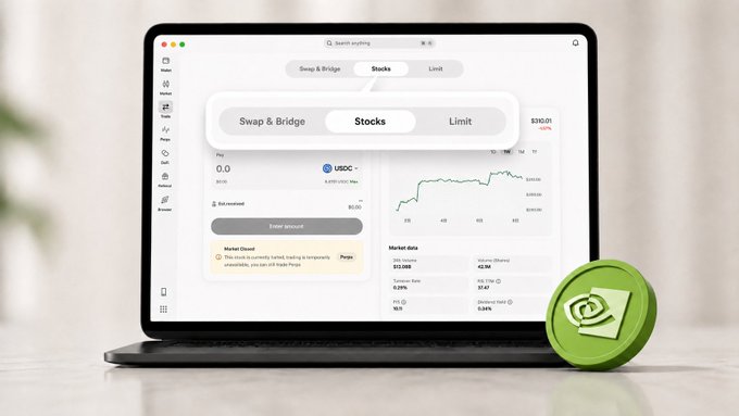 A laptop displaying a cryptocurrency/stocks trading interface with 'Swap & Bridge' and 'Stocks' tabs, showing USDC market data and a 24-hour price chart, alongside a green circular app icon.