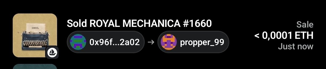 A notification showing the sale of Royal Mechanica #1660 from 0x96f...2a02 to propper_99 for less than 0.0001 ETH (just now), matching the post's mention of a RoyalMechanica NFT being sold for only $0.05.