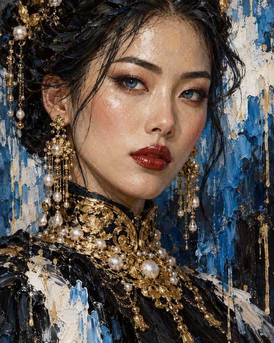 An oil painting-style portrait of an Asian woman with striking blue eyes, red lipstick, and elaborate gold and pearl jewelry against a textured blue and white background.