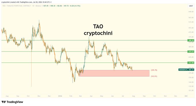 A TradingView chart for TAO/USDT Perpetual Contract by 'cryptochini', showing a daily timeframe price trend with Fibonacci retracement levels and a red zone indicating a significant price drop.