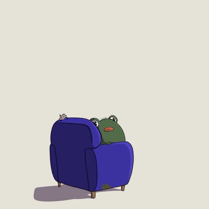A cartoon illustration of a green frog peeking out from behind a purple armchair, with a small mouse sitting on top of the chair.