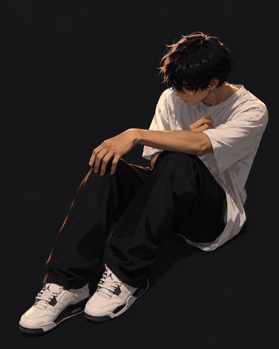 An anime-style illustration of a young man with dark messy hair, wearing a white t-shirt, black cargo pants, and white-and-black sneakers, sitting on the ground with his head bowed in a contemplative pose.