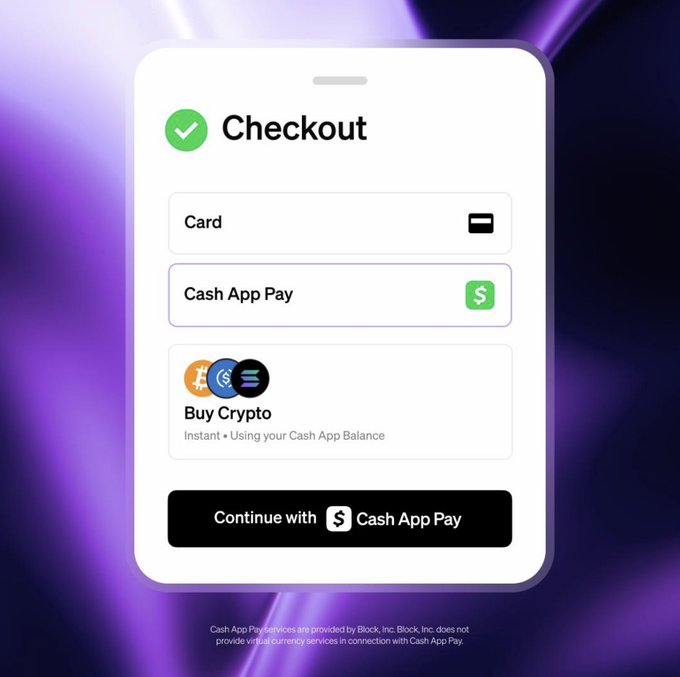 The image shows a mobile checkout interface displaying payment options including "Card," "Cash App Pay," and "Buy Crypto" (via Bitcoin, Solana, and other tokens) using a Cash App Balance, with a "Continue with Cash App Pay" button at the bottom. This visually supports the post's message about making the onchain economy more accessible on Solana through partnerships with MoonPay and Cash App, as the checkout flow enables users to instantly buy crypto and complete purchases using their Cash App balance.