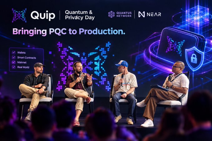 A photo from a 'Quantum & Privacy Day' panel discussion titled 'Bringing PQC to Production' sponsored by Quip, Quantus Network, and NEAR, showing four men seated on stage during the event.