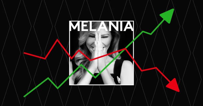 The image features a black-and-white photo of a laughing woman covering her face, with the text "MELANIA" at the top, overlaid on a chart with a steeply declining red arrow and a contrasting rising green arrow—symbolizing the dramatic wealth destruction described in the caption, where $MELANIA holders lost nearly their entire investment.