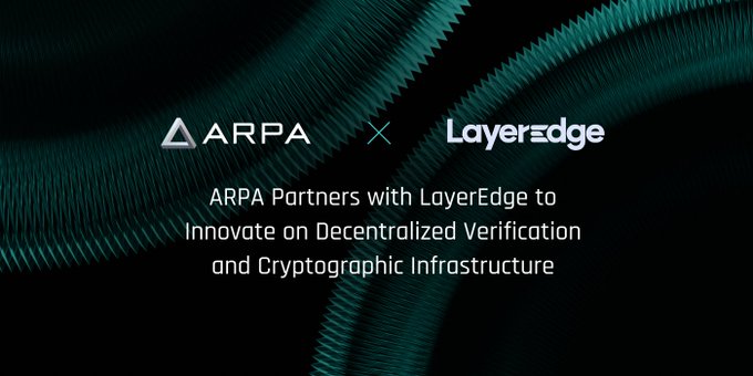 A dark teal banner announcing that 'ARPA Partners with LayerEdge to Innovate on Decentralized Verification and Cryptographic Infrastructure,' featuring both companies' logos.