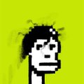 A pixel art portrait of a character with a neutral expression and dark hair on an olive green background.