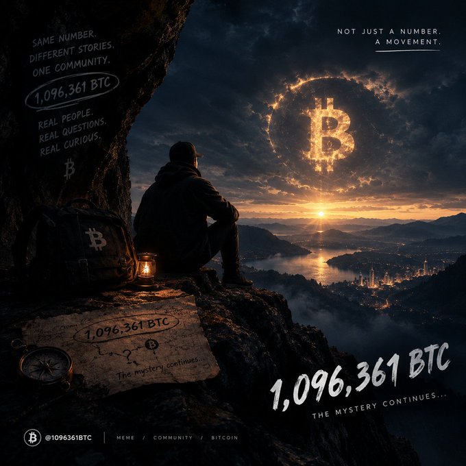 A cinematic promotional graphic for the '1,096,361 BTC' mystery/movement featuring a person sitting on a cliff at sunset with a glowing Bitcoin symbol in the sky and text like 'NOT JUST A NUMBER. A MOVEMENT.' and '1,096,361 BTC THE MYSTERY CONTINUES...'