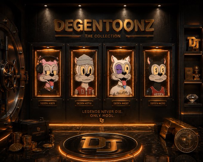 A vault display titled 'DEGENTOONZ THE COLLECTION' showcases four framed cartoon characters (a pink cat, a gray cat, a white cat, and a black cat), accompanied by the tagline 'LEGENDS NEVER DIE. ONLY HODL.'
