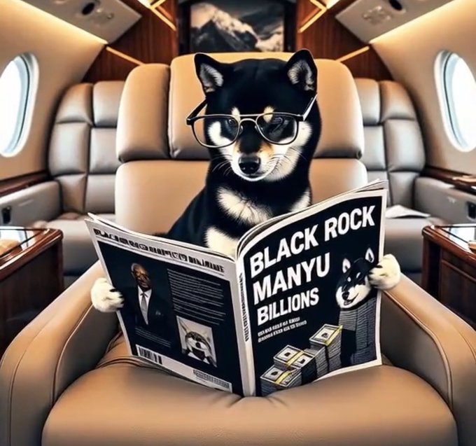 The image features a black and white dog wearing glasses, sitting comfortably in an airplane seat while reading a magazine titled "Black Rock Manyu Billion". The scene suggests that the dog might be enjoying its time during a flight or waiting for someone at their destination.