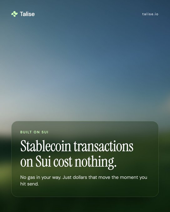 The image features a green background with white text that reads "Built-on Sui Transactions on Sui Cost Nothing". The text also includes an explanation of how stablecoins can be sent across borders for free, without any fees or charges.