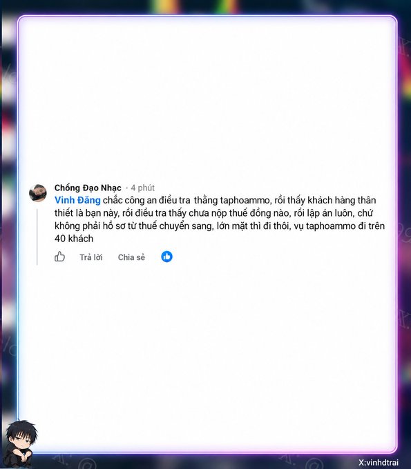 A Facebook comment in Vietnamese by 'Vinh Đặng' criticizing an investigation into 'taphoammo', displayed on a white background with a colorful border.