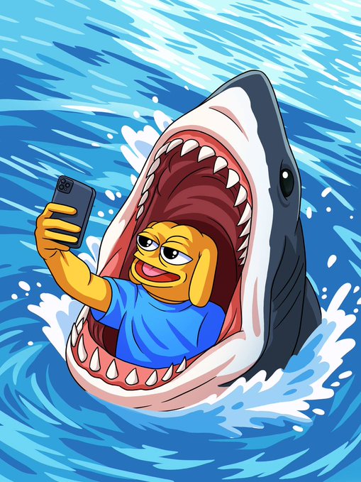 A cartoon illustration depicts a yellow fish-like creature wearing a blue shirt taking a selfie with a smartphone while inside the open mouth of a large shark emerging from ocean waves.