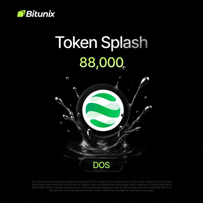A Bitunix "Token Splash" promotional graphic features 88,000 $DOS tokens with a water splash effect, advertising that dappOS has joined the Bitunix Token Splash campaign where users can deposit, trade, and earn from the prize pool.