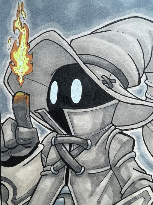 An illustration of a hooded character with a black faceless mask featuring two glowing blue eyes, wearing a white hooded cloak and holding a lit torch with yellow and orange flames.