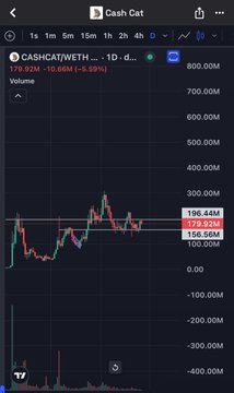 A TradingView chart of CASHCAT/WETH on a 1-day timeframe showing a price of 179.92M with an 8.59% decline.