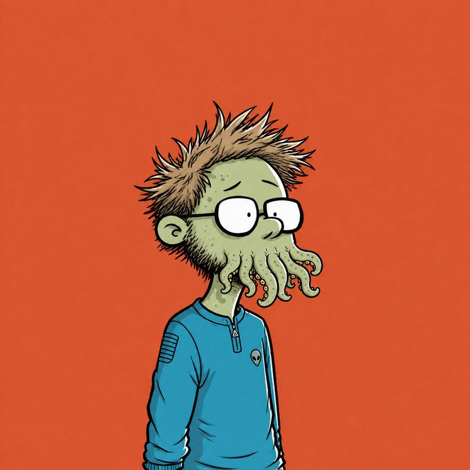 A cartoon illustration of a green-skinned character with wild hair, glasses, and an octopus-like face/beard wearing a blue quarter-zip sweatshirt against an orange background.