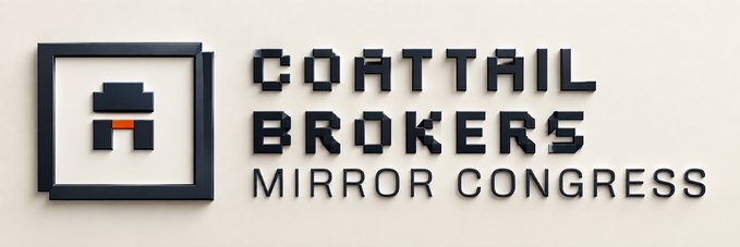 Logo for "COATTAIL BROKERS" featuring a pixel-art figure inside a computer window frame, with "MIRROR CONGRESS" written below on a beige background.