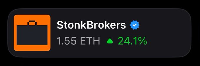 A dark UI card displaying 'StonkBrokers' with a verified checkmark, showing a price of 1.55 ETH and a 24.1% increase.