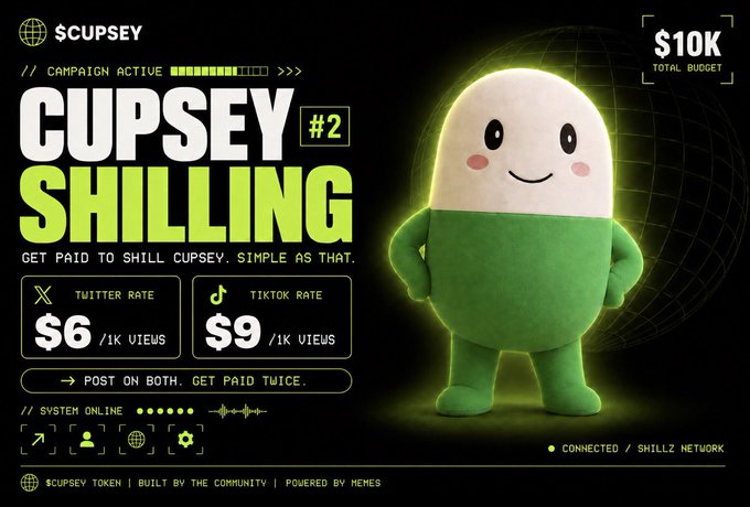 A promotional graphic for $CUPSEY showing a green and white capsule character alongside text reading "CUPSEY SHILLING #2," offering $6/1K views on Twitter and $9/1K views on TikTok, with a $10K total budget.