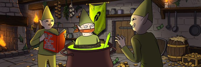 A group of animated gnomes gather around a glowing green cauldron in a medieval-style kitchen, with one reading a red book titled "Code of Gnome Conduct," while another gnome is partially submerged in the potion. The whimsical illustration plays on the classic fantasy meme of gnome mischief, tying into the post's promotion of $GNOME as a new meme token launching on Robinhood.
