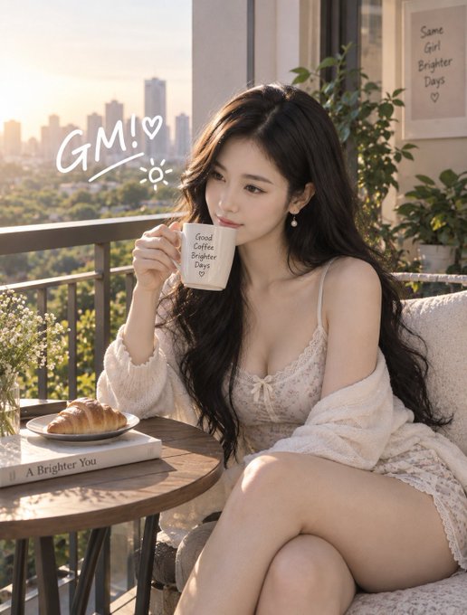 An AI-generated image of a young woman with long dark hair sitting on a balcony holding a coffee mug that reads 'Good Coffee Brighter Days', with 'GM!' text and city skyline in the background.