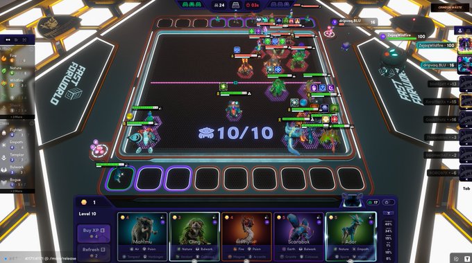 A top-down screenshot of a 2D auto-battler video game titled 'Teamfight Tactics,' showing various fantasy characters on a hexagonal grid battlefield with player names like 'majestic ELI' and 'DragonWaifu' visible on the side panels.