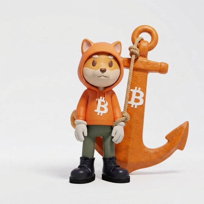 A 3D rendered figurine of a fox-like character wearing an orange hoodie with a Bitcoin logo, standing next to an orange anchor with a Bitcoin symbol.