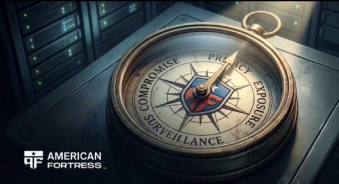 An American Fortress promotional graphic showing a vintage brass compass pointing to 'PRIVACY' over a server rack background, with directions labeled 'COMPROMISE', 'EXPOSURE', and 'SURVEILLANCE'.