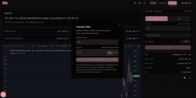 The image shows a dark-themed cryptocurrency trading interface with a "Transfer FWA" modal dialog open, displaying fields for wallet address, amount (0-0), and a button labeled "Sign & deposit FWA," referencing FWA/USDM Market Cap. The interface includes a chart and order book showing FWA at 1.2374 FWA per purchase, with a notice that 23,291 FWA will be distributed to purchasers at 18:24:22, illustrating the post's announcement about the new wallet-to-wallet FWA transfer feature that requires a two-step deposit and confirmation process.
