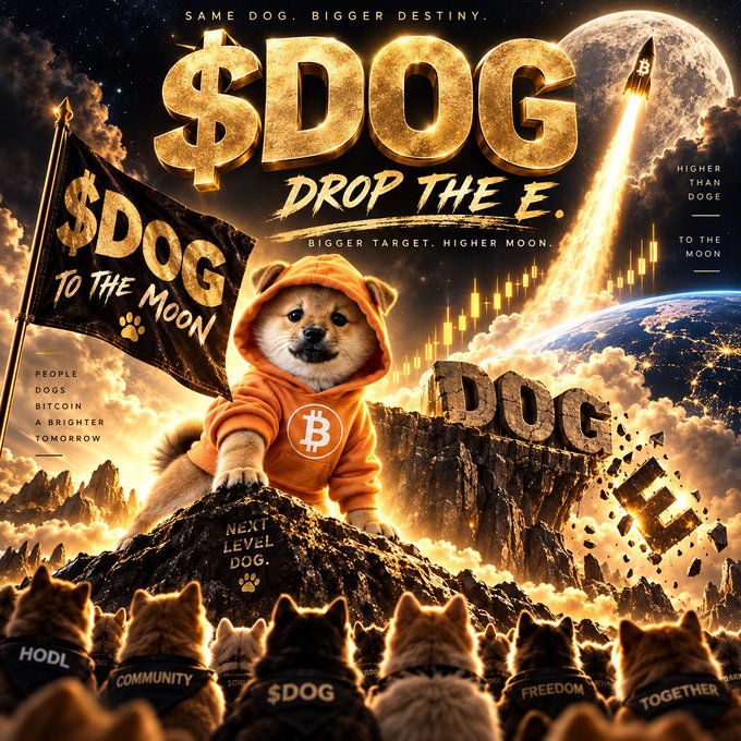 A crypto meme poster featuring '$DOG DROP THE E' with a dog in an orange hoodie on a mountain, surrounded by other dogs wearing 'HODL', 'COMMUNITY', and '$DOG' vests.