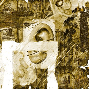 An abstract mixed-media artwork in sepia and gold tones featuring collage elements, newspaper fragments, and geometric shapes.