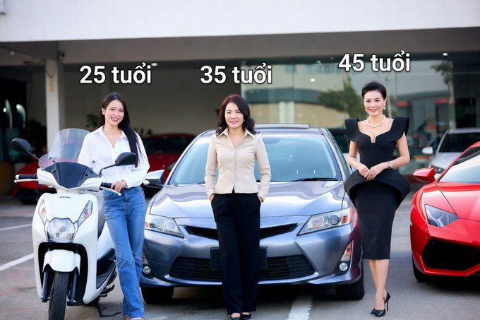 A humorous image showing three Vietnamese women labeled '25 tuổi' (25 years old), '35 tuổi' (35 years old), and '45 tuổi' (45 years old), each posing next to progressively more expensive vehicles: a white scooter, a silver sedan, and a red sports car.