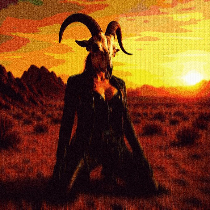 A surreal figure wearing a bleached ram skull mask stands in a barren landscape at sunset, with a vibrant orange sky and silhouetted mountains in the background.