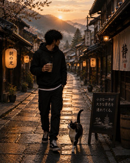 A person in a black hoodie holding a coffee cup stands on a wet street in a Japanese village at sunset, accompanied by a black and white cat, with lanterns displaying Japanese characters like '朝の光' and '静'.