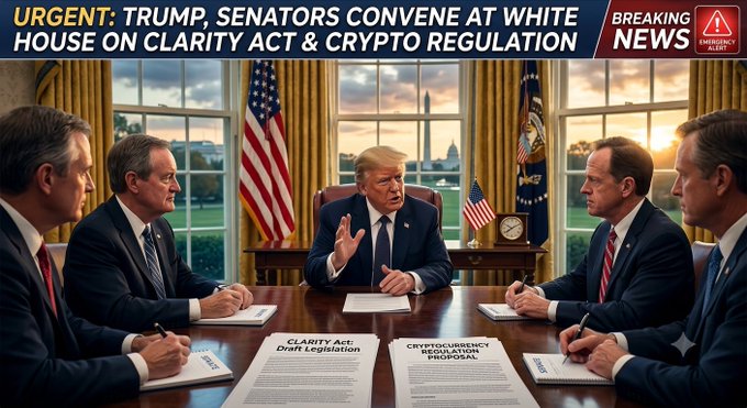 President Trump and senators are pictured in an urgent meeting at the White House to discuss the CLARITY Act and cryptocurrency regulation. The image depicts them at a roundtable with documents titled "CLARITY Act: Draft Legislation" and "Cryptocurrency Regulation Proposal."