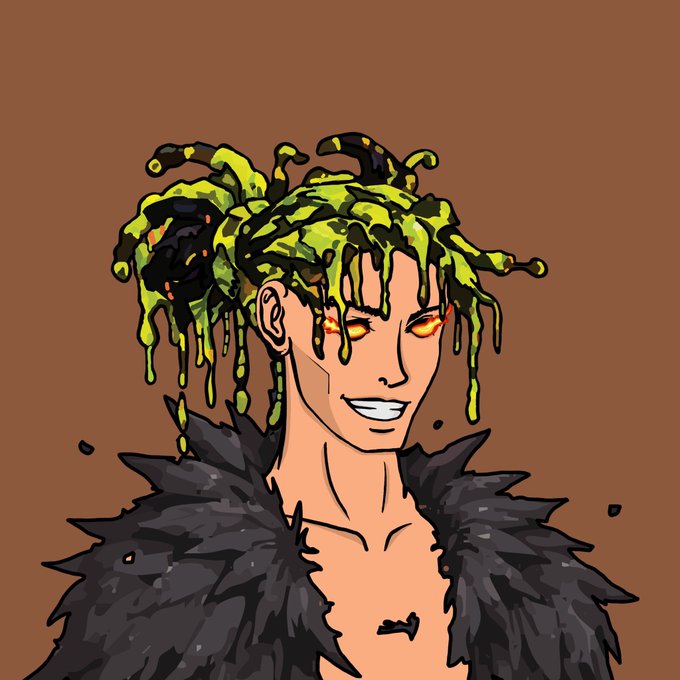A digital illustration of a smiling character with green snake-like hair (resembling Medusa) wearing a black feathered coat against a brown background.