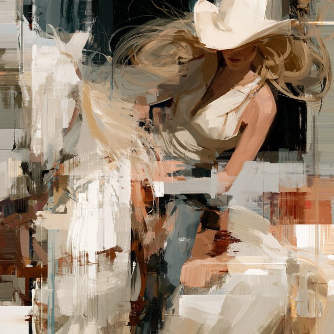 Impressionistic oil painting style artwork of a blonde woman wearing a white cowboy hat and white dress, rendered with bold brushstrokes in cream, brown, and white tones.