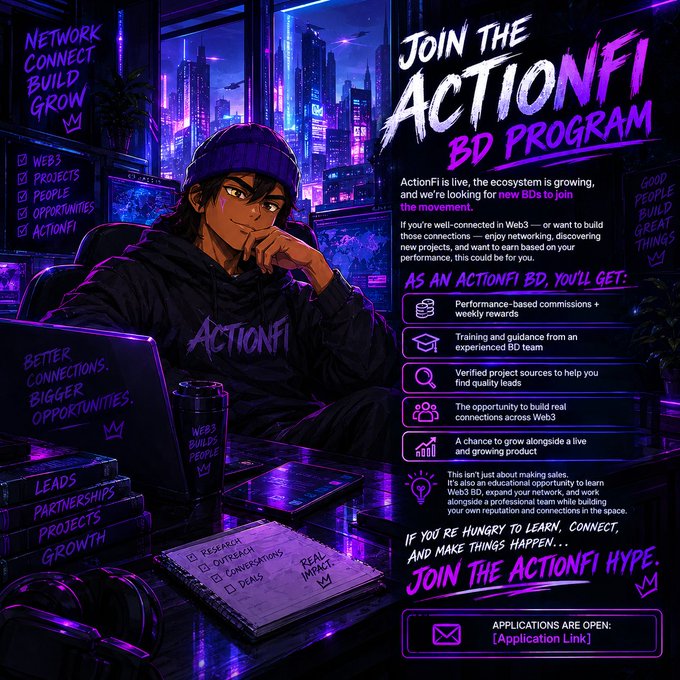 An anime-style promotional poster for the "JOIN THE ACTIONFI BD PROGRAM," featuring a character in a purple beanie and "ACTIONFI" hoodie at a desk with a purple-lit cityscape behind them, listing program benefits and an application link.