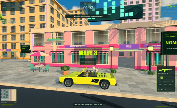 A screenshot from a first-person shooter video game (Off The Grid) shows a yellow sports car parked outside a pink 'BOARDWALK' building, with the UI indicating 'WAVE 3' and an assault rifle loadout.