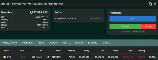 The image shows an overview of a currency trading application, displaying the current status of various transactions. The user has recently opened a $50,410,000 long with 20x leverage and liquidated at a suggested price of $58,469. There are multiple transactions visible in the app, including a transaction for $7,898,835 with a total value of 793,973,863. The user has also utilized various payment methods such as Bitcoin, Cash, and Ethereum. Furthermore, the app shows that the user is currently holding 1 Bitcoin valued at $15,831.