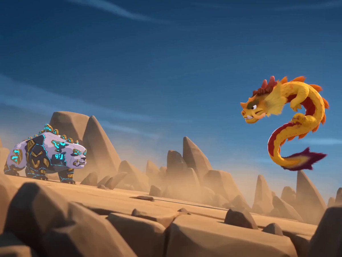 The image features two dragons, one yellow and one white, engaged in an intense battle over territory or dominance. The dragon on the left appears to be more aggressive, while the other dragon on the right seems to be defending its position. Both dragons are facing each other with their eyes locked onto a common target - a large rock formation that serves as the center of their conflict. The image captures the intensity and drama of the dragons' confrontation in a desert setting, emphasizing the competitive nature of the tournament.