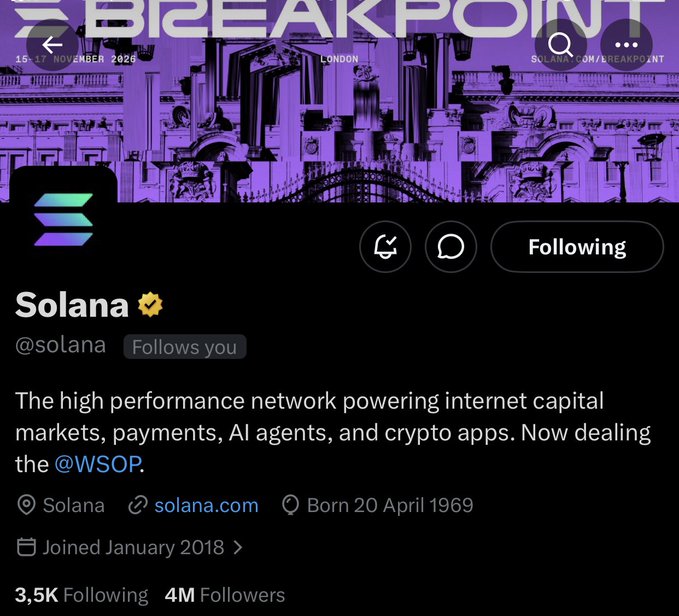 Solana (@solana) X/Twitter profile page displaying a 'BREAKPOINT' banner for November 15-17 2026 in London, with 4M followers and the bio describing it as 'The high performance network powering internet capital markets.'
