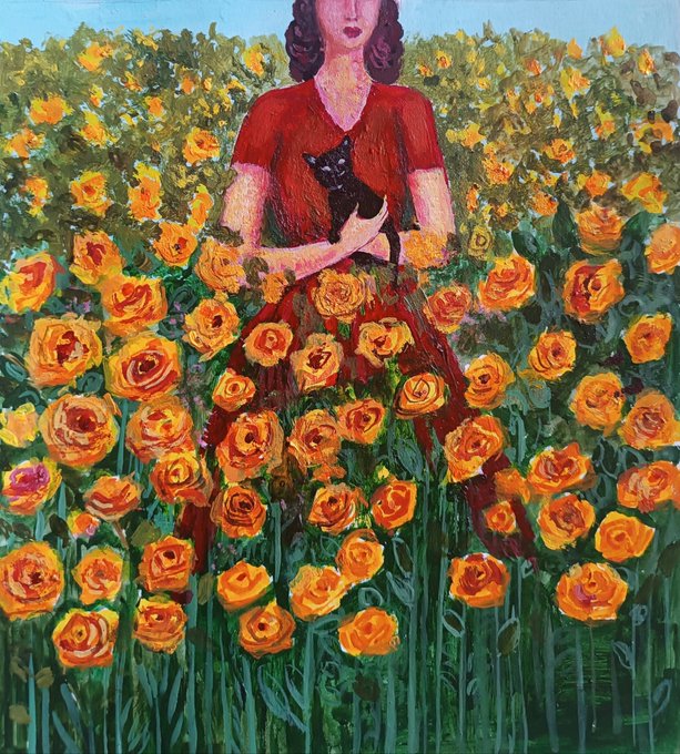 A painting shows a woman in a red dress holding a black cat while surrounded by a vibrant field of yellow and orange roses.