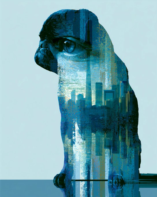 A double-exposure style artwork features the silhouette of a pug filled with an urban cityscape in blue tones, set against a pale background with a subtle reflection below. The image accompanies a post linking to the objkt.com NFT marketplace, suggesting the piece is a digital art token being shared for viewing or sale.